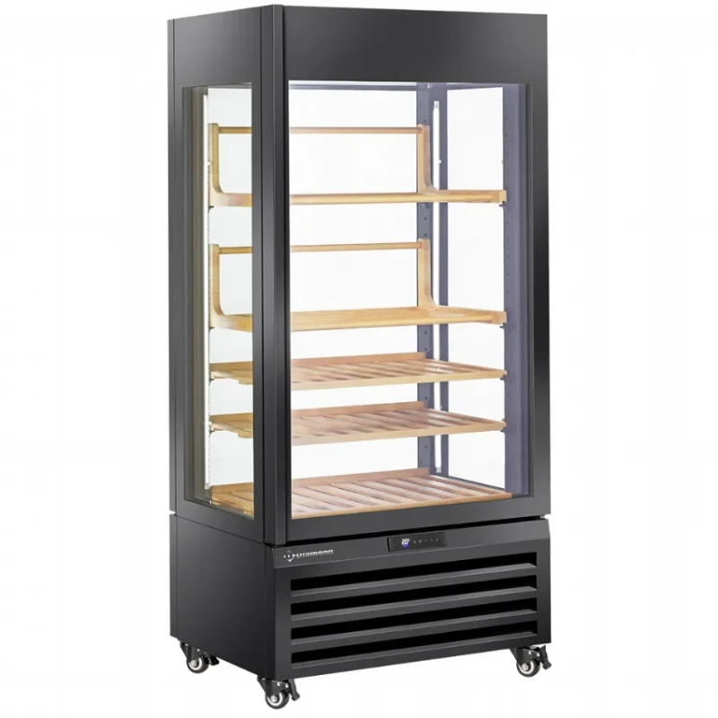 Vente Directe Vitrine 4 faces vitrées noire 600 litres avec 1 niveau et 4 étagères