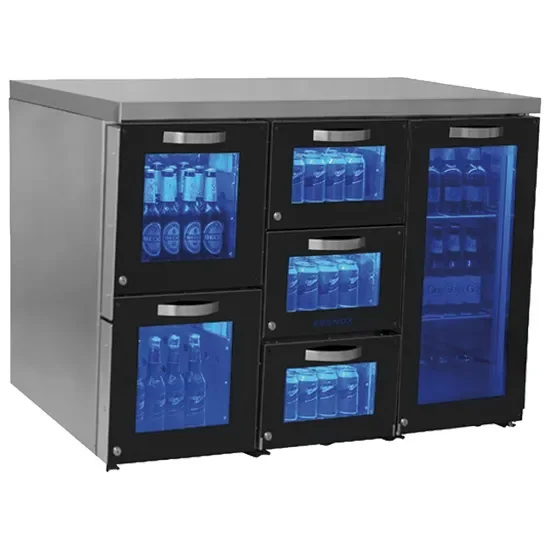 Livraison Express Réfrigérateur bar gauche 1 porte battante vitrée avec 5 tiroirs verre 120 bouteilles