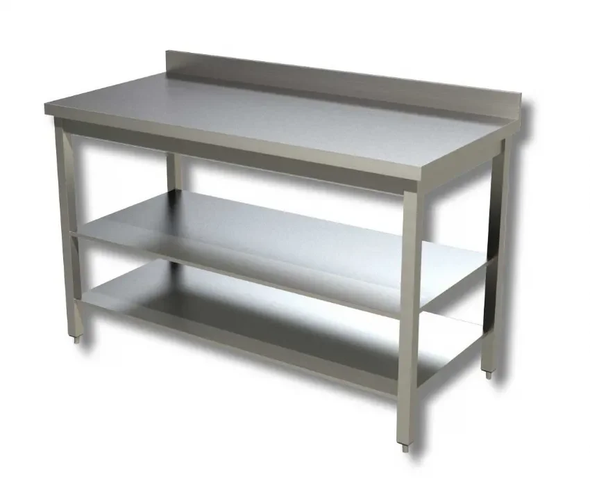Petit Prix Table de travail inox 430 avec 2 tablettes inférieures et dosseret - 700x700x850 mm