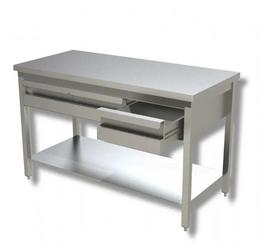 Solde Table de travail inox 430 avec 3 tiroirs et étagère intermédiaire - 1400x600x850 mm