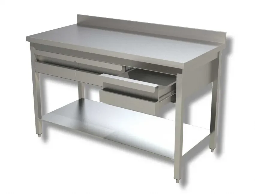 Table inox 430 pour le travail 3 tiroirs avec dosseret et tablette inférieure - 1400x700x850 mm Dernière Chance