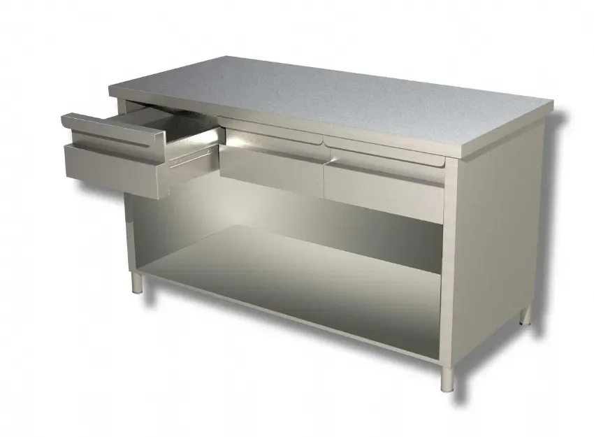 Meuble de travail inox 430 avec 3 tiroirs et 2 étagères inférieures - 1600x600x850 mm Livraison Gratuite