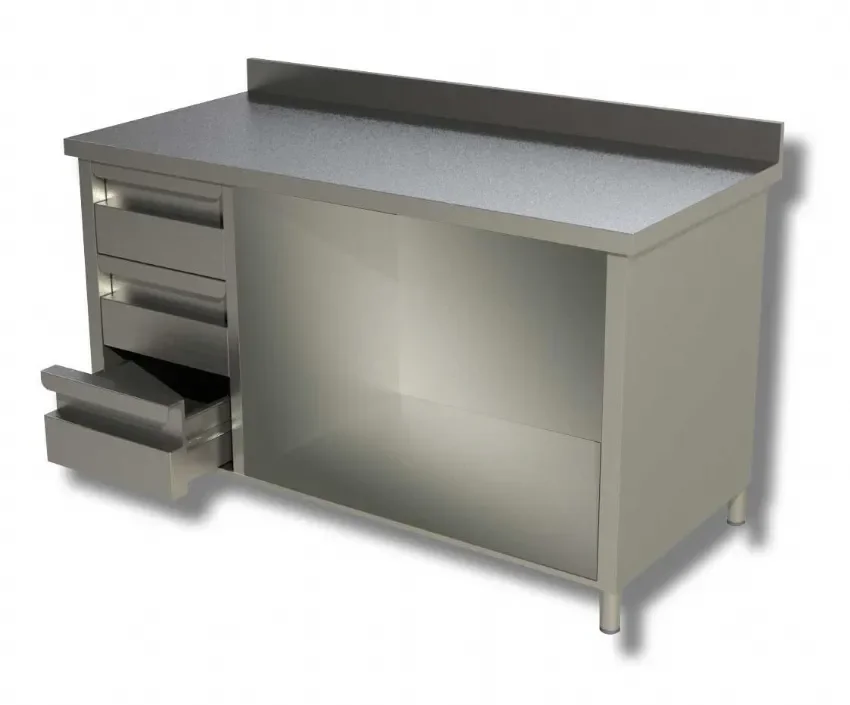 Populaire Meuble bas inox 430 adossé avec 3 tiroirs et étagère intermédiaire - 1700x700x850 mm