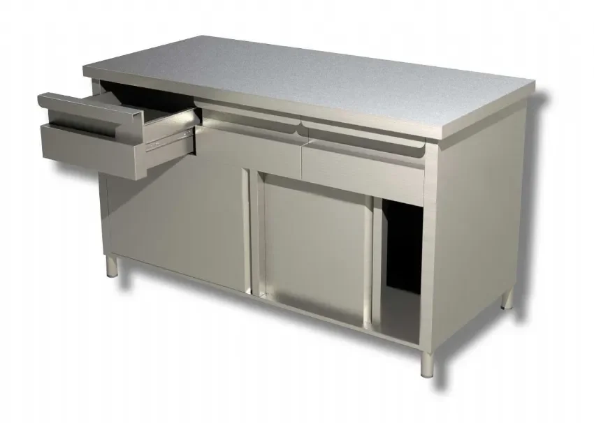 Nouvelle Collection Meuble bas inox 430 à 3 tiroirs avec 2 portes coulissantes et 1 étagère - 1400x600x850 mm