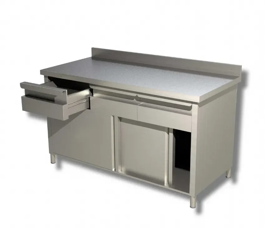 Meuble bas inox 430 adossé 1 étagère 4 tiroirs 2 portes coulissantes - 2000x700x850 mm Prix Bas