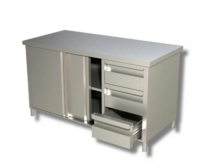 Quantité Limitée Meuble bas de rangement inox 430 avec 3 tiroirs et 2 portes coulissantes - 1400x600x850 mm