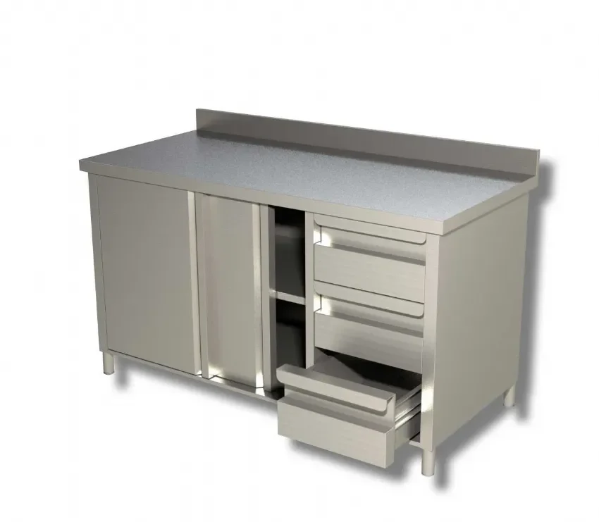 Meuble bas de rangement inox 430 adossé avec 2 portes coulissantes et 3 tiroirs - 1800x700x850 mm Dernière Chance