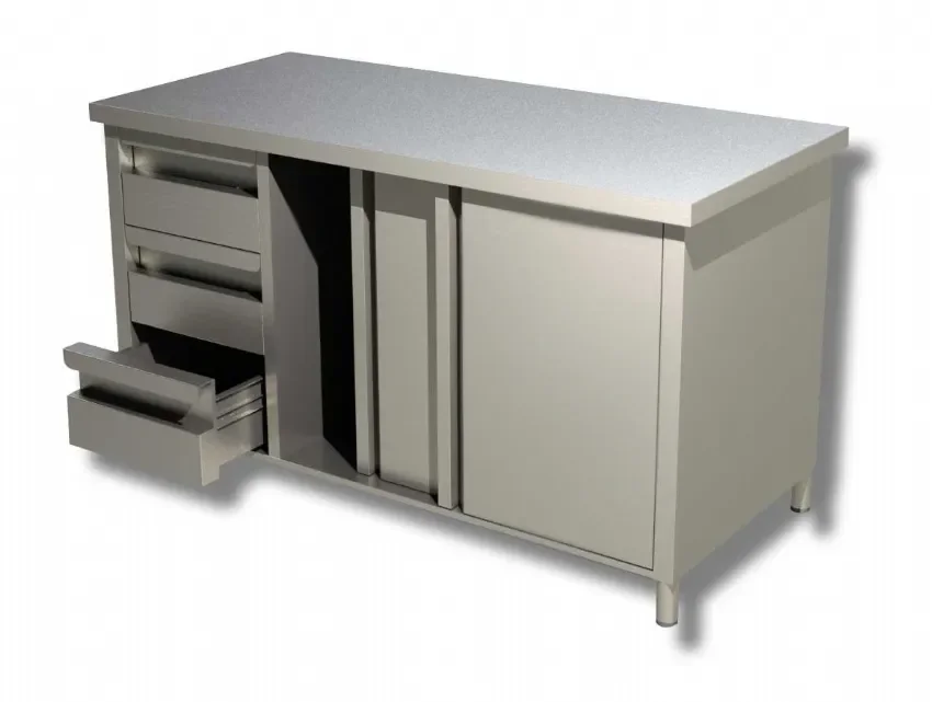 Meuble bas de rangement inox 430 avec 3 tiroirs et 2 portes coulissantes - 1000x600x850 mm Acheter Direct