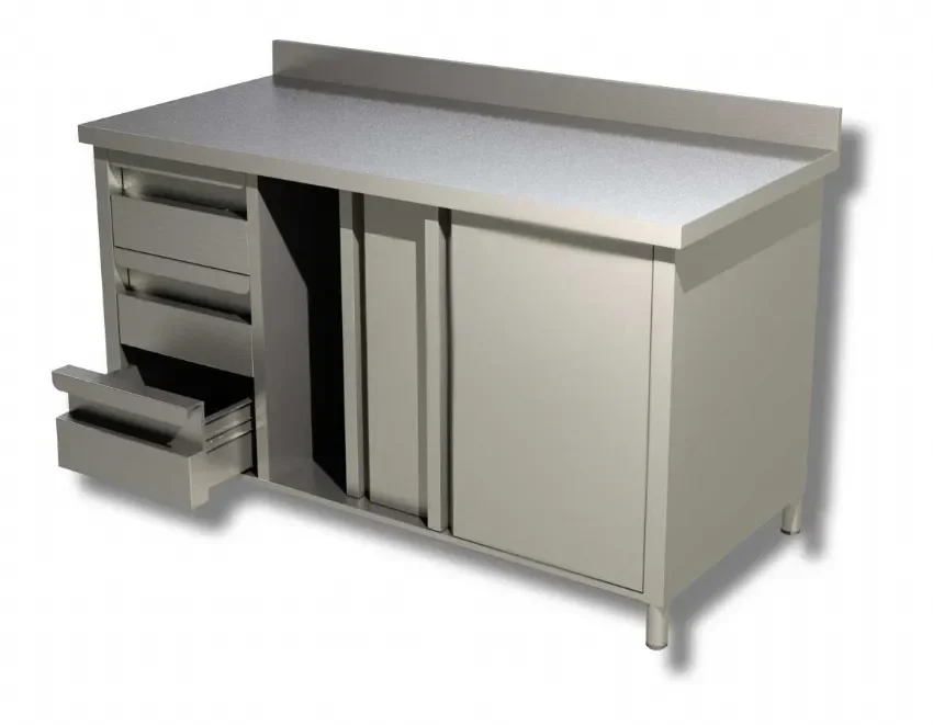 Meuble bas de rangement inox 430 adossé avec 3 tiroirs et 2 portes coulissantes - 1200x700x850 mm Acheter En Ligne