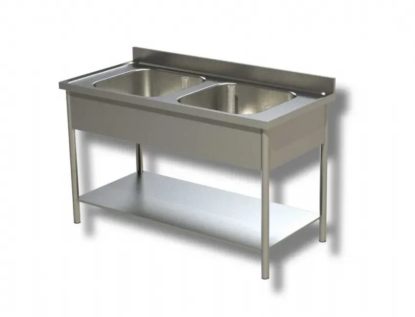 Offre Limitée Plonge inox adossée avec 2 bacs et 1 étagère inférieure - 1000x600x850 mm