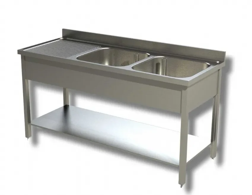 Plonge inox adossée 2 bacs avec 1 étagère inférieure et egouttoir à gauche - 1400x600x850 mm Bon Plan