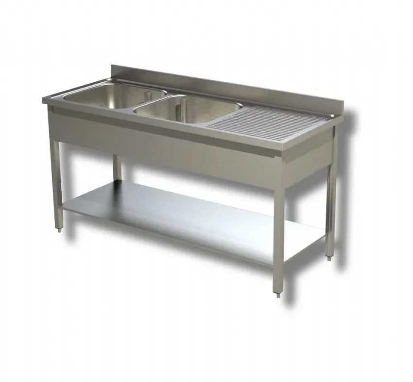 Affaire À Saisir Plonge inox adossée 2 bacs avec egouttoir à droite et 1 étagère inférieure - 1900x600x850 mm