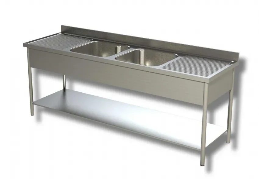 Promotion Plonge inox adossée 2 bacs avec 1 étagère inférieure et 2 egouttoirs - 2200x600x850 mm