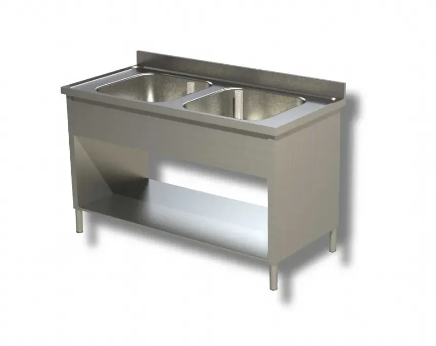 Plonge adossée avec 2 bacs et 1 étagère inférieure - 1400x600x850 mm inox Nouvel Arrivage