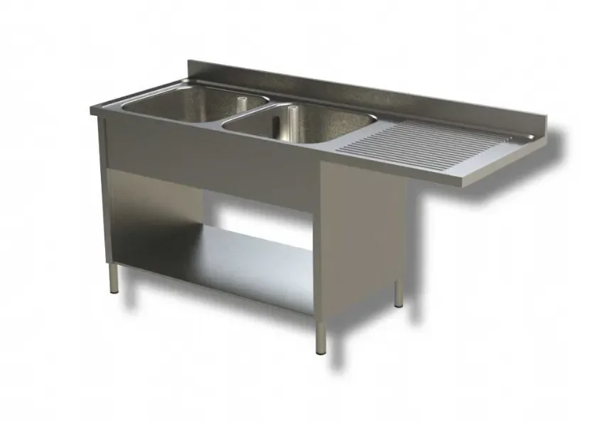 Offre Limitée Plonge inox adossée 2 bacs avec egouttoir à droite et 1 étagère inférieure - 1600x600x850 mm