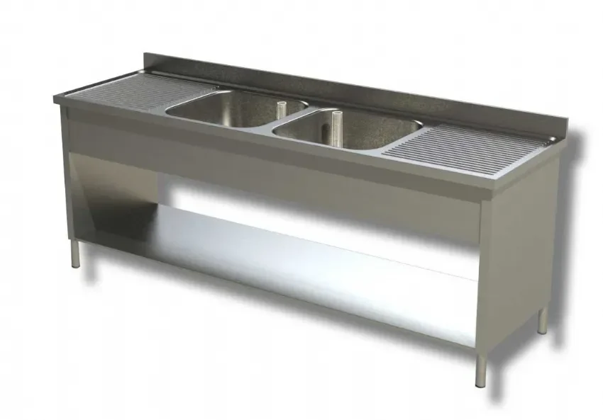 Plonge adossée 2 bacs avec 1 étagère inférieure et 2 egouttoirs - 2200x600x850 mm inox Retour Gratuit