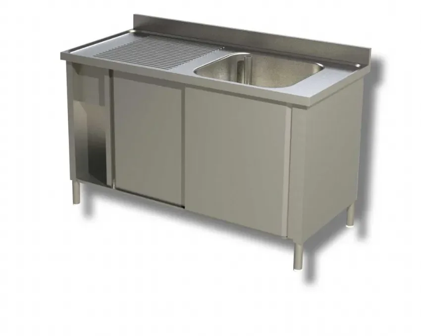 Plonge inox adossée 1 bac 2 portes coulissantes 1 egouttoir à gauche - 1300x600x850 mm Nouvelle Collection