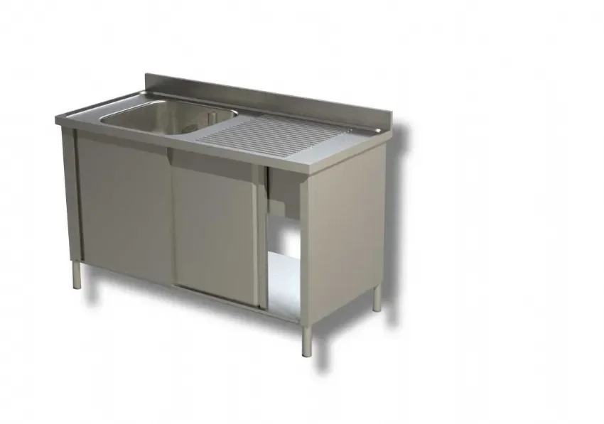 Livraison Gratuite Plonge inox adossée 1 bac 2 portes coulissantes 1 egouttoir à droite - 1400x600x850 mm