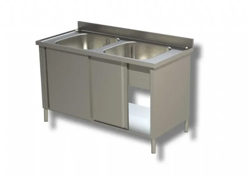 Plonge inox 2 bacs 2 portes coulissantes avec dosseret - 1200x600x850 mm Dernière Chance