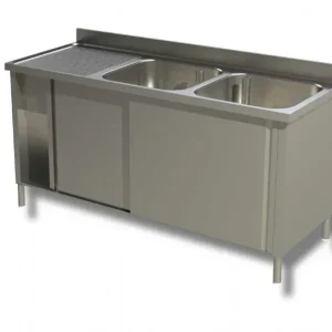 Vente Flash Plonge inox adossée 2 bacs avec 2 portes coulissantes et 1 egouttoir à gauche - 1400x600x850 mm