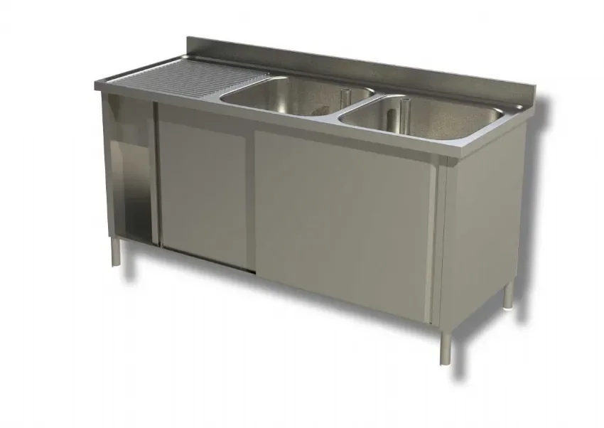Offre Du Jour Plonge inox adossée 2 bacs avec 1 egouttoir à gauche et 2 portes coulissantes - 1900x600x850 mm
