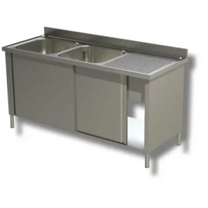 Vente Flash Plonge inox adossée 2 bacs avec 1 egouttoir à droite et 2 portes coulissantes - 1800x600x850 mm