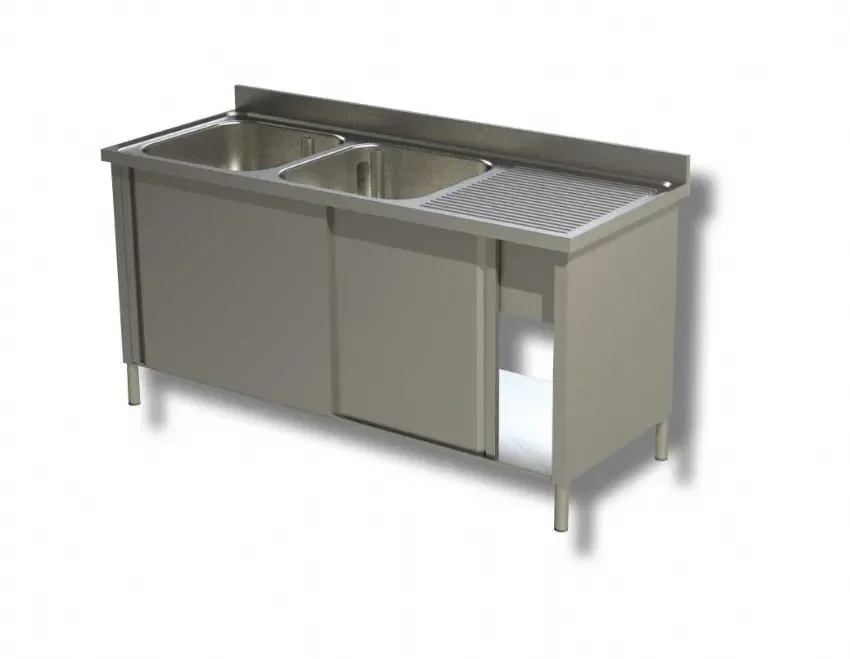 Populaire Plonge inox adossée 2 bacs avec 1 egouttoir à droite et 2 portes coulissantes - 2000x600x850 mm