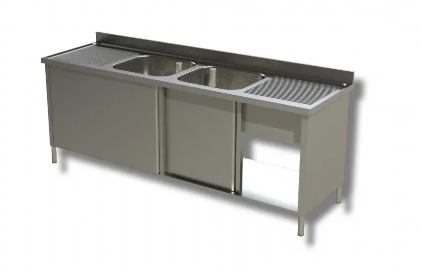 Authentique Plonge inox adossée 2 bacs avec 2 egouttoirs et 2 portes coulissantes - 1800x600x850 mm