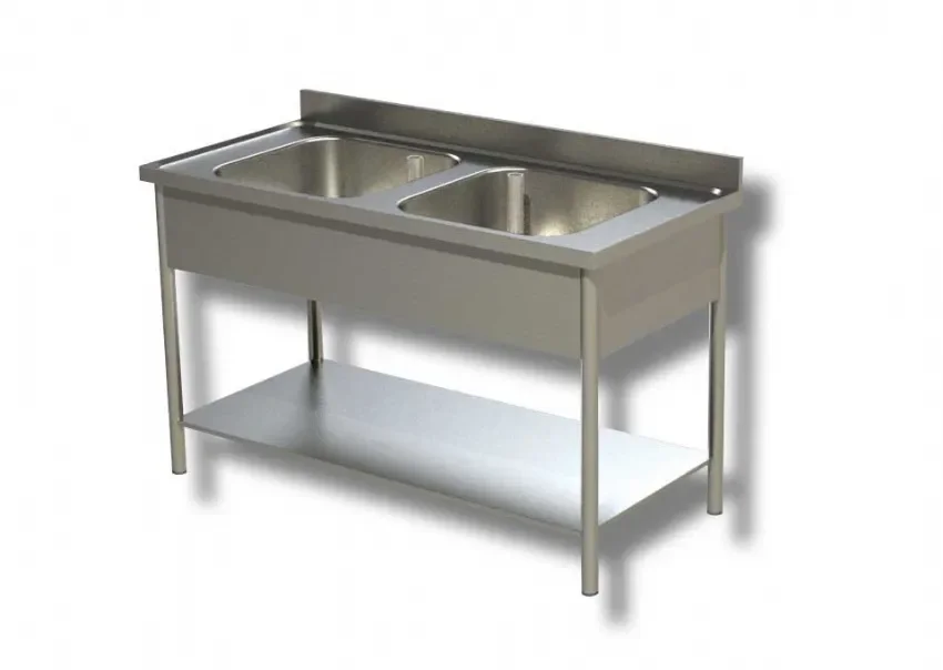 Plonge inox 2 bacs avec 1 étagère inférieure et dosseret - 1400x700x850 mm Réduction