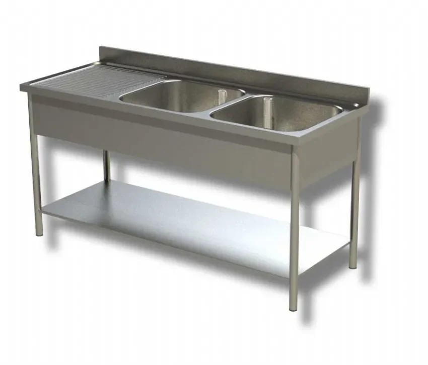 Plonge inox 2 bacs 1 étagère inférieure avec egouttoir à gauche et dosseret - 1700x700x850 mm Expédition Rapide