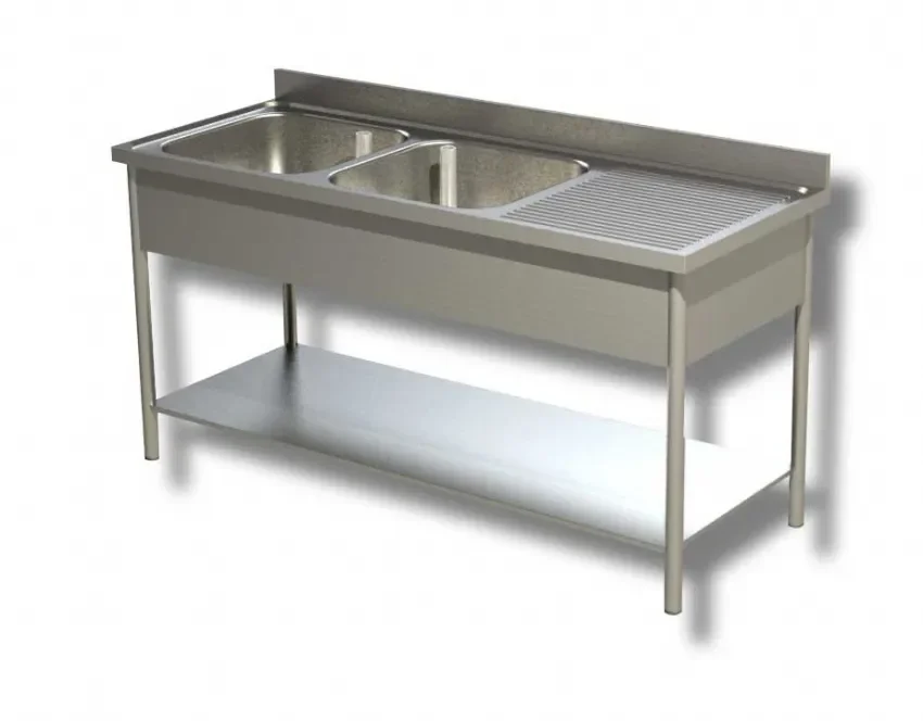 Retour Gratuit Plonge inox 2 bacs 1 étagère inférieure avec egouttoir à droite et dosseret - 1900x700x850 mm