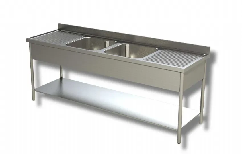 Plonge inox 2 bacs 2 egouttoirs 1 étagère inférieure avec dosseret - 2000x700x850 mm Acheter Direct