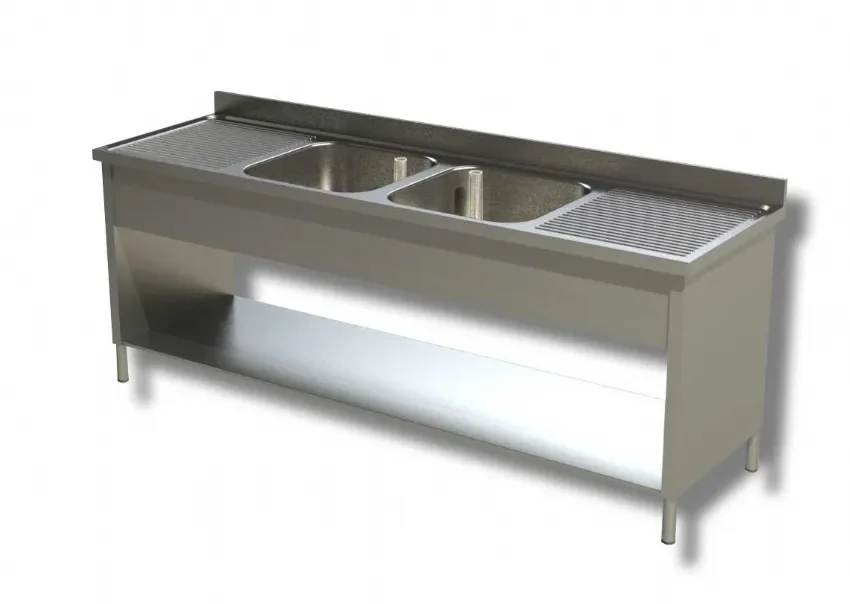 Achetez Aujourd’hui Plonge inox adossée 2 bacs avec 2 egouttoirs et 1 tablette basse - 1800x700x850 mm