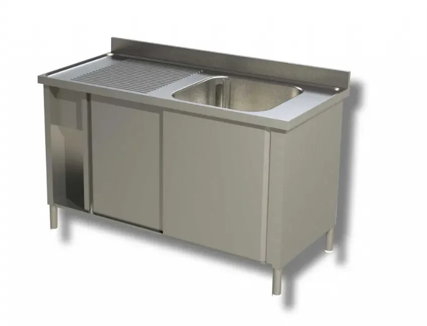 Plonge inox adossée 1 bac 1 egouttoir à gauche 2 portes coulissantes - 1100x700x850 mm Commande En Gros