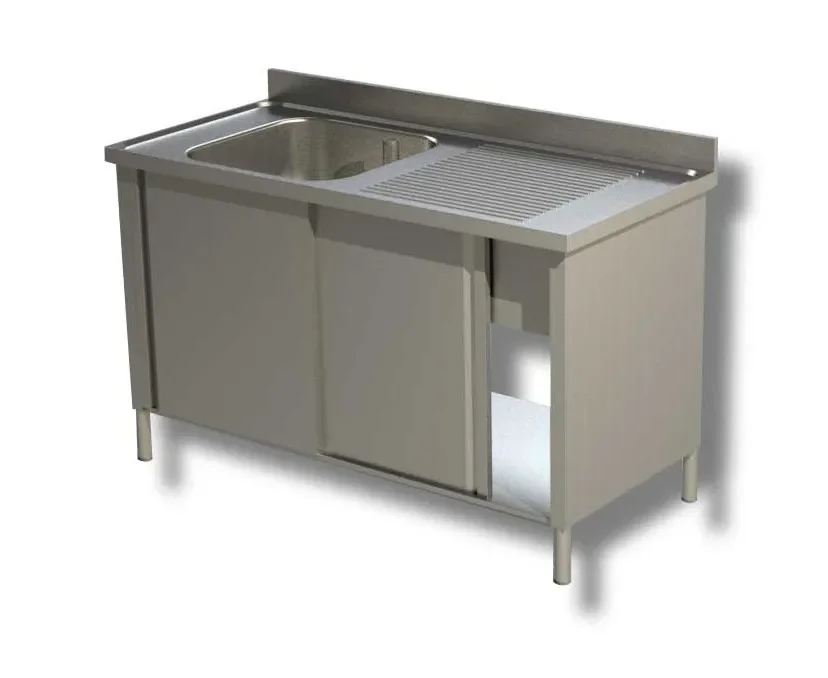 Satisfait Ou Remboursé Plonge inox adossée 1 bac 2 portes coulissantes 1 egouttoir à droite - 1400x700x850 mm