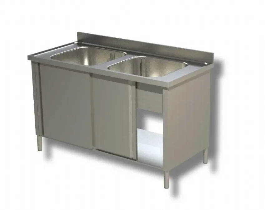 Paiement Sécurisé Plonge inox 2 bacs 2 portes coulissantes avec dosseret - 1400x700x850 mm