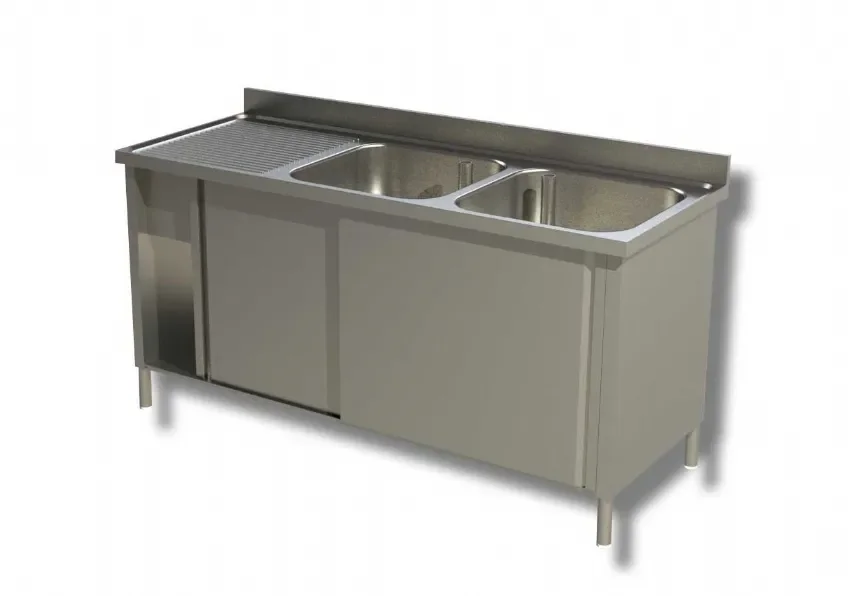 Plonge inox 2 bacs 2 portes avec egouttoir à gauche et dosseret - 1500x700x850 mm Nouvel Arrivage