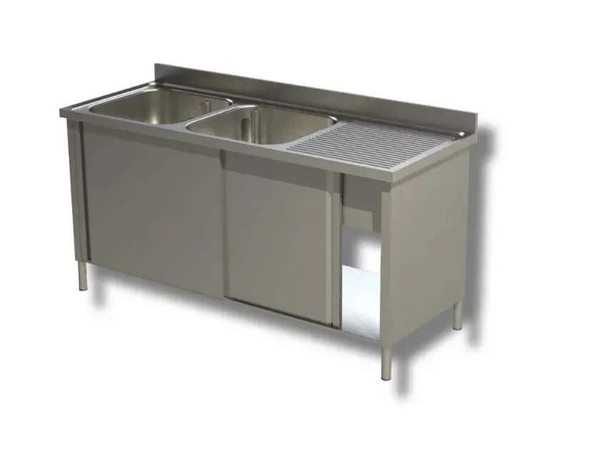 Marque Plonge inox adossée 2 bacs 2 portes coulissantes avec egouttoir à droite - 1400x700x850 mm