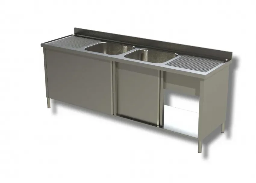 Plonge inox 2 bacs 2 egouttoirs 2 portes coulissantes avec dosseret - 2200x700x850 mm Offre Du Jour