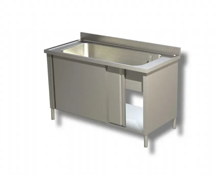 Plonge inox 1 bac 2 portes coulissantes avec dosseret - 1000x700x850 mm Nouvelle Collection