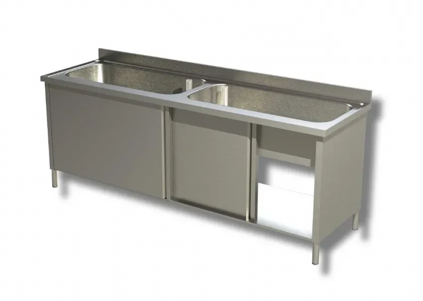 Plonge inox 2 bacs avec dosseret et 2 portes coulissantes - 1800x600x850 mm Produit De Marque