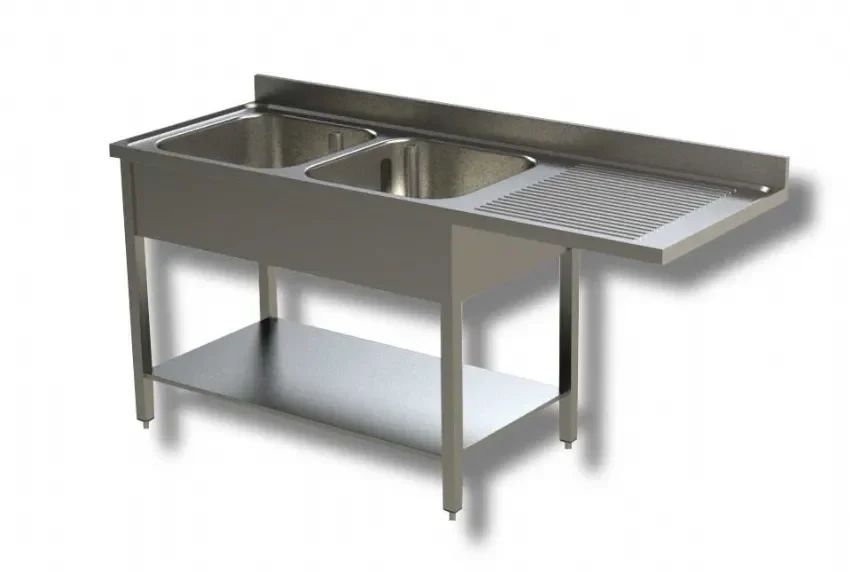 Livraison Gratuite Plonge inox 2 bacs 1 étagère avec passage lave vaisselle à droite et dosseret - 1800x600x850 mm