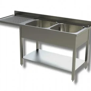 Achat Immédiat Plonge inox 2 bacs 1 étagère avec dosseret et passage lave vaisselle à gauche - 1800x700x850 mm