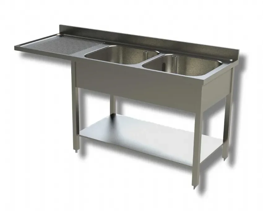 Achat Immédiat Plonge inox 2 bacs 1 étagère avec dosseret et passage lave vaisselle à gauche - 1800x700x850 mm