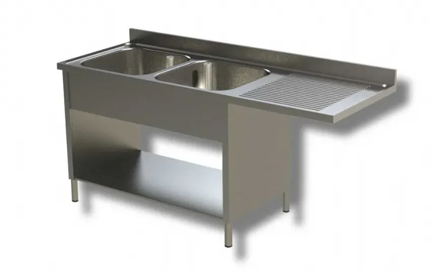 Plonge inox 2 bacs 1 niveau inférieur avec dosseret et passage lave vaisselle à gauche - 2000x600x850 mm Acheter En Ligne