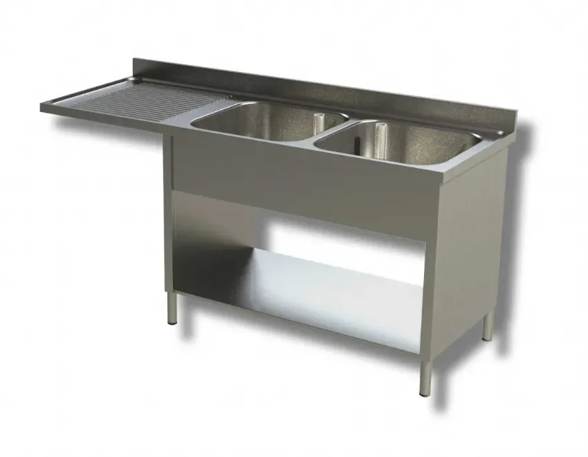 Quantité Limitée Plonge inox adossée 2 bacs 1 niveau avec passage lave vaisselle à droite - 1800x600x850 mm