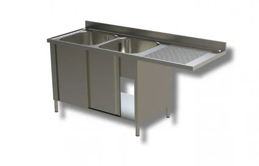 Must-Have Plonge inox 2 bacs 2 portes coulissantes avec passage lave vaisselle à droite et dosseret - 1800x600x850 mm