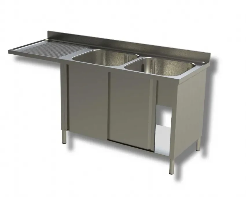 Expédié Aujourd’hui Plonge inox 2 bacs 2 portes coulissantes avec passage lave vaisselle à gauche et dosseret - 2000x700x850 mm