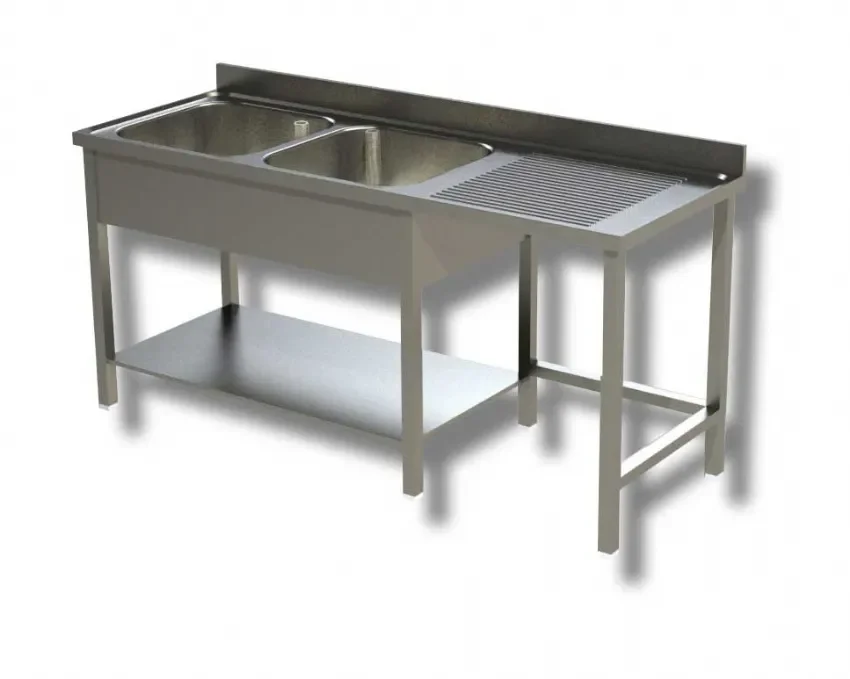 Vente Directe Plonge inox 2 bacs 1 étagère avec dosseret et passage lave vaisselle à droite - 2000x700x850 mm