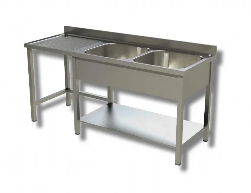 Plonge inox 2 bacs 1 étagère avec dosseret et passage lave vaisselle à gauche - 2000x700x850 mm Usine Directe